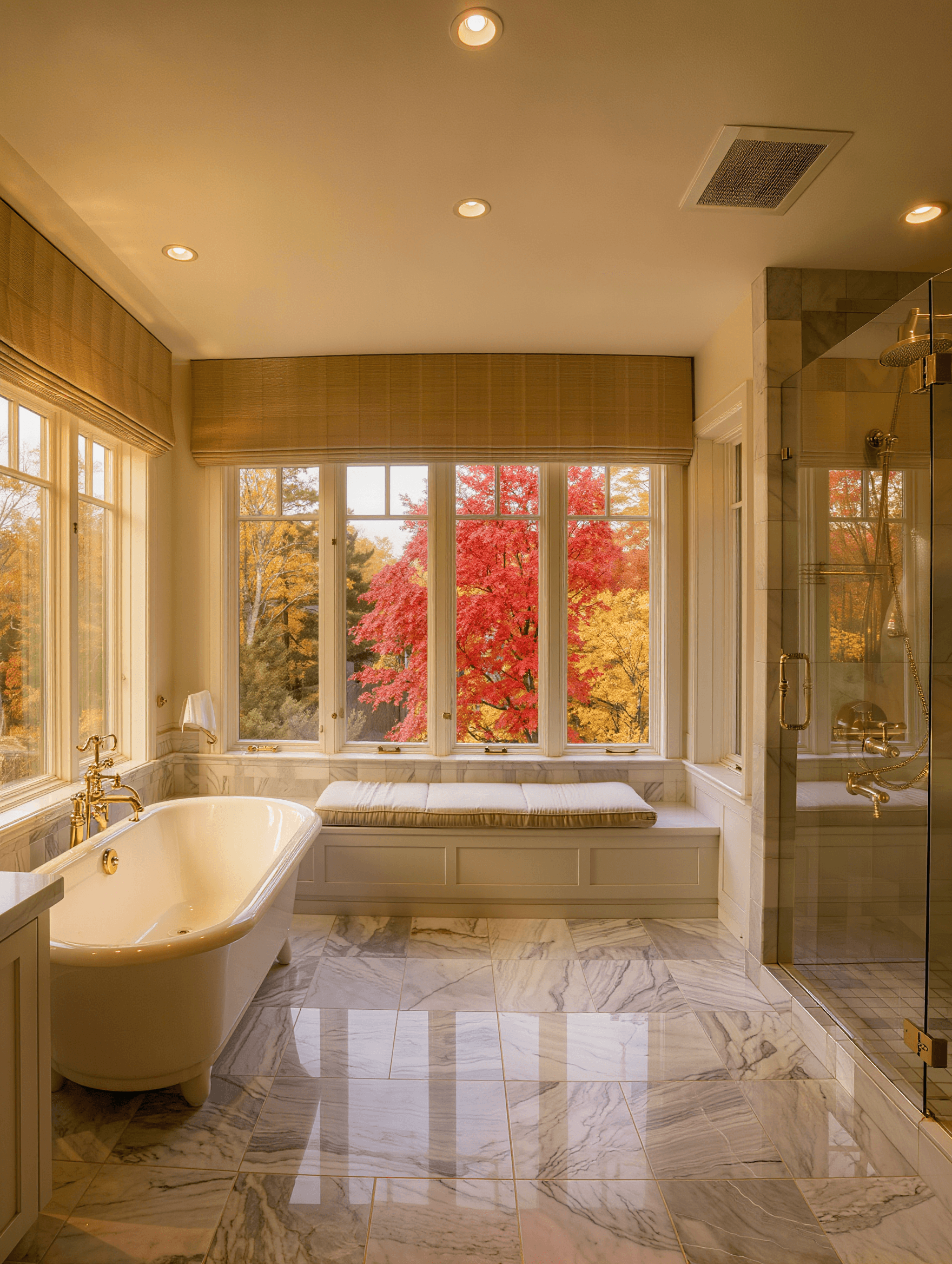 Master bathroom design concept with autumn bay window view — Stone Works Remodeling, Michigan
