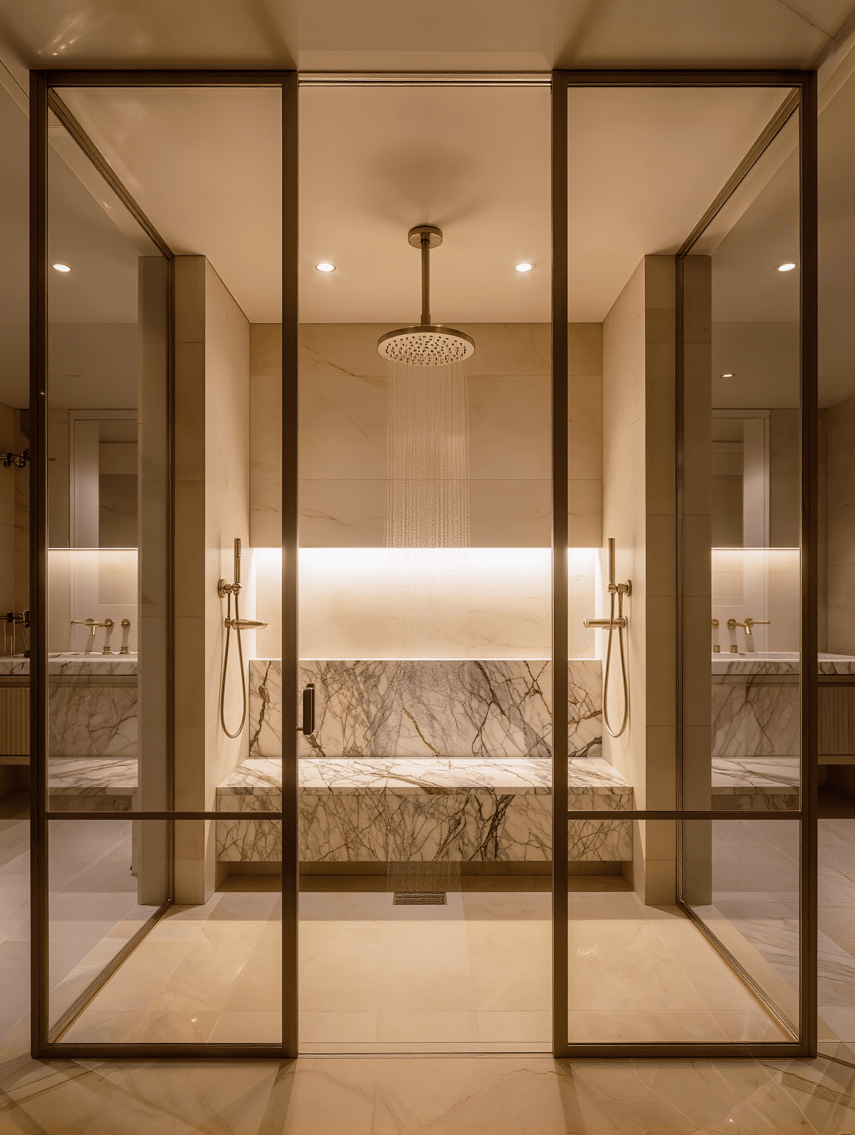 Calacatta marble walk-in shower design concept with gold fixtures — Stone Works Remodeling, Metro Detroit MI
