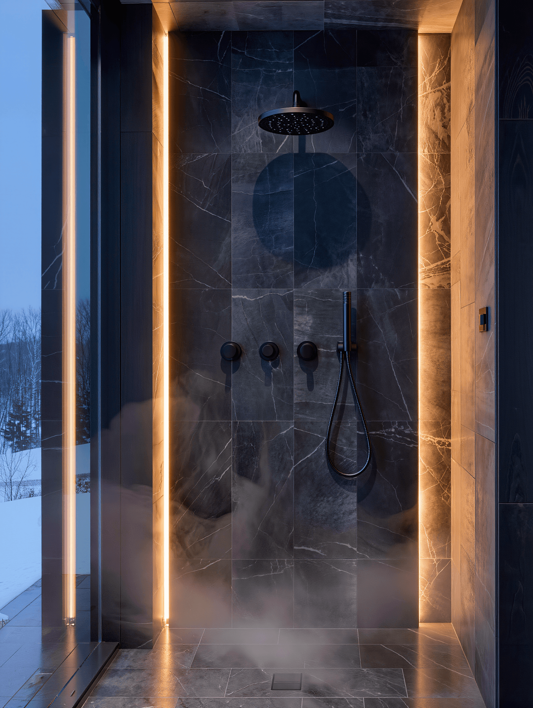 Dark slate walk-in shower design concept with amber lighting — Stone Works Remodeling, Metro Detroit MI