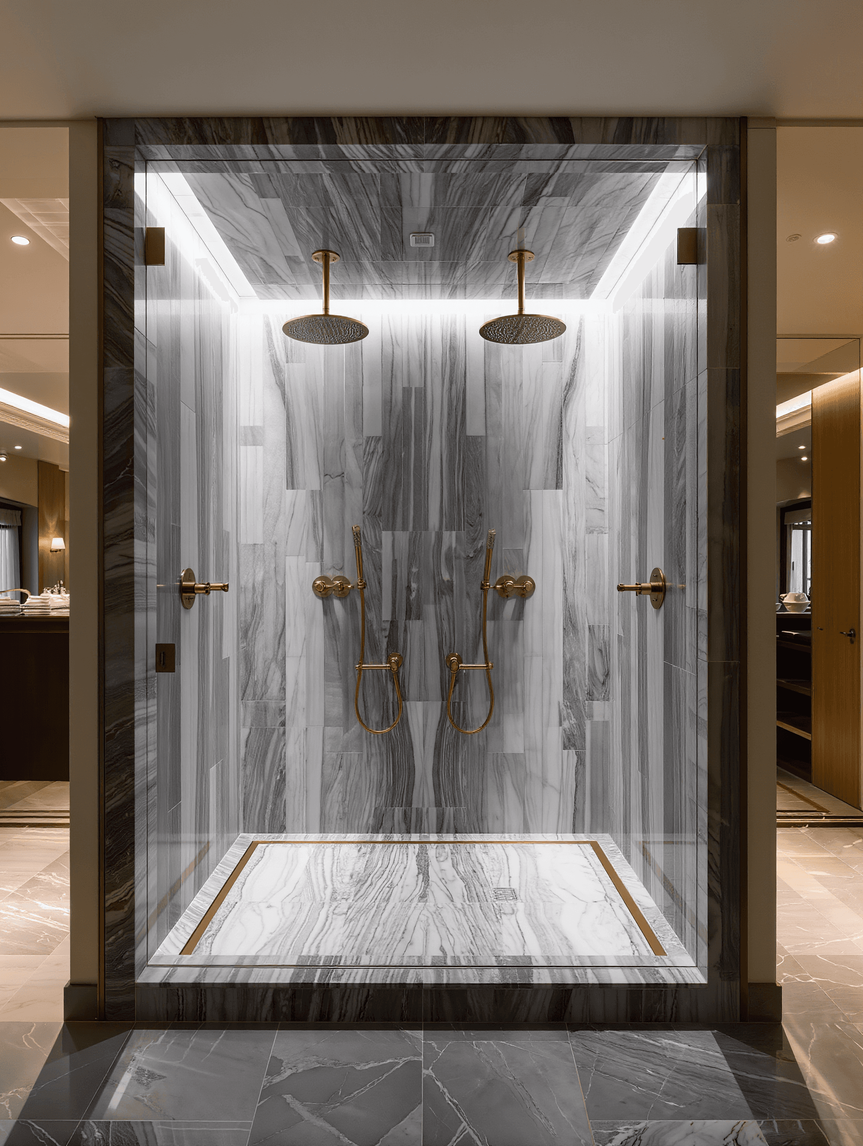 Double rainfall marble shower design concept — Stone Works Remodeling, Metro Detroit MI