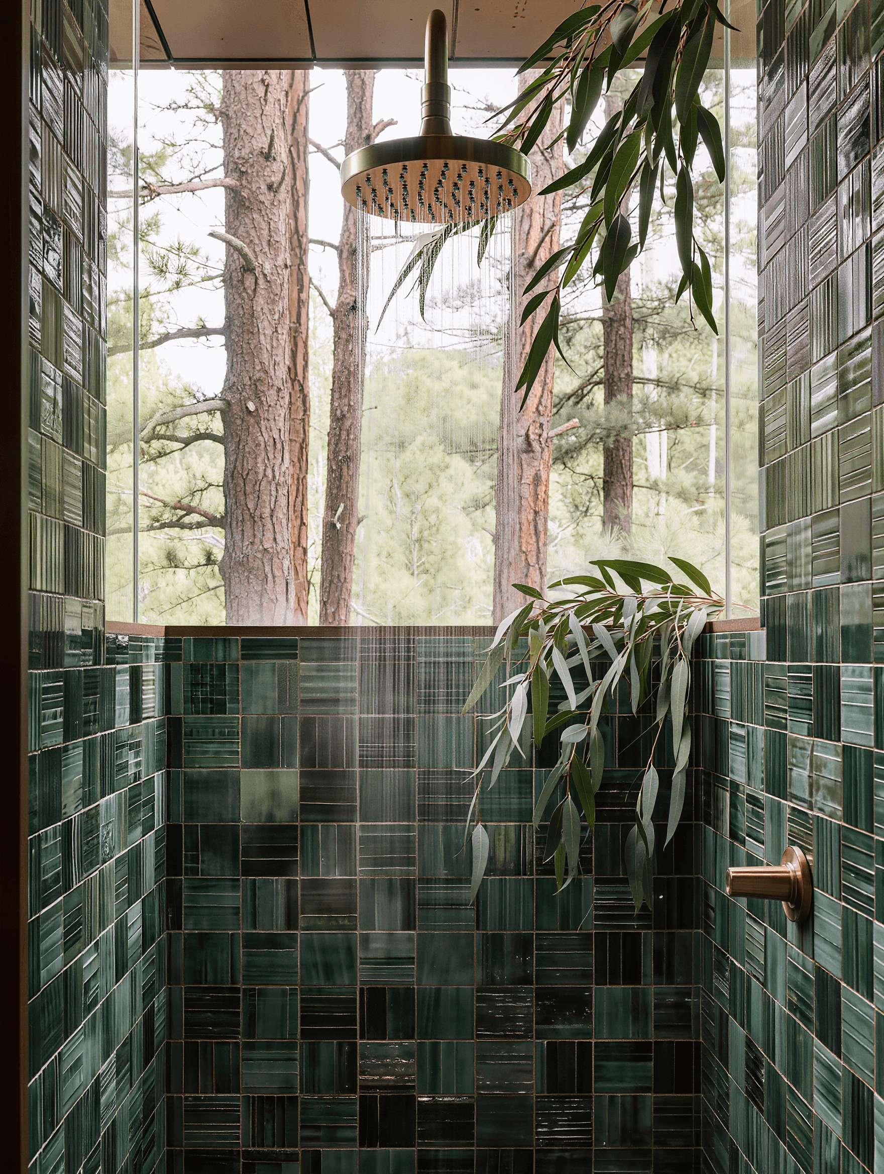 Green zellige tile shower design concept with brass fixtures — Stone Works Remodeling, Metro Detroit MI
