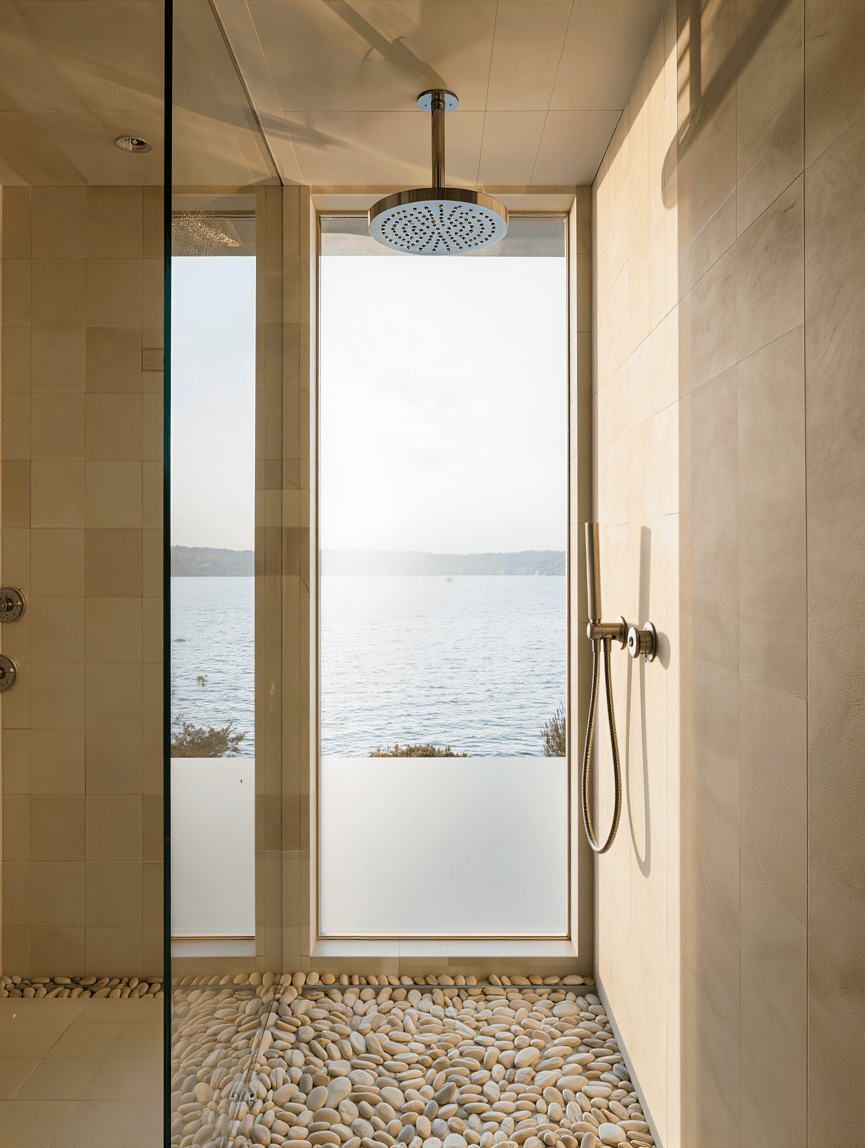 Lake house stone shower design concept — Stone Works Remodeling, Michigan