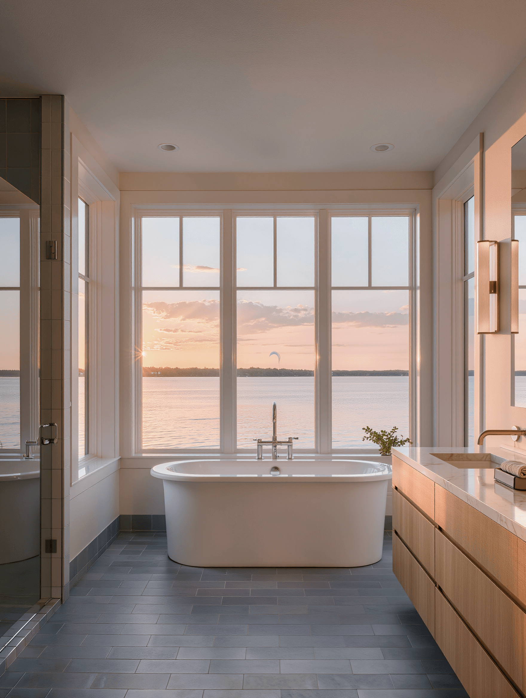 Lake view master bathroom design concept with freestanding tub — Stone Works Remodeling, Michigan