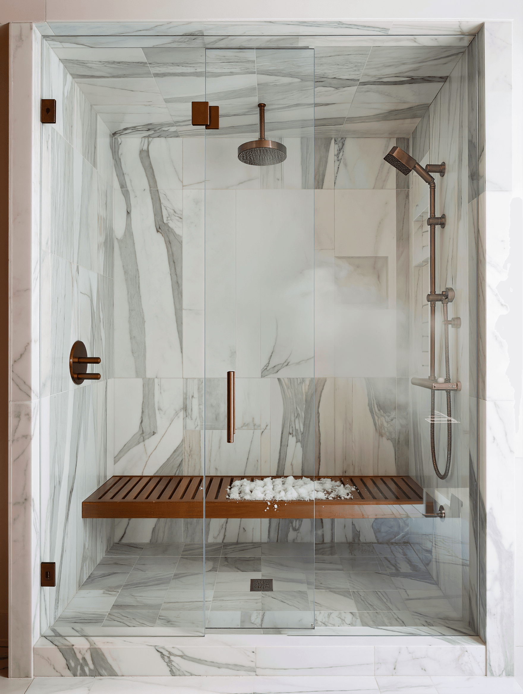 Marble steam shower design concept with teak bench — Stone Works Remodeling, Metro Detroit MI