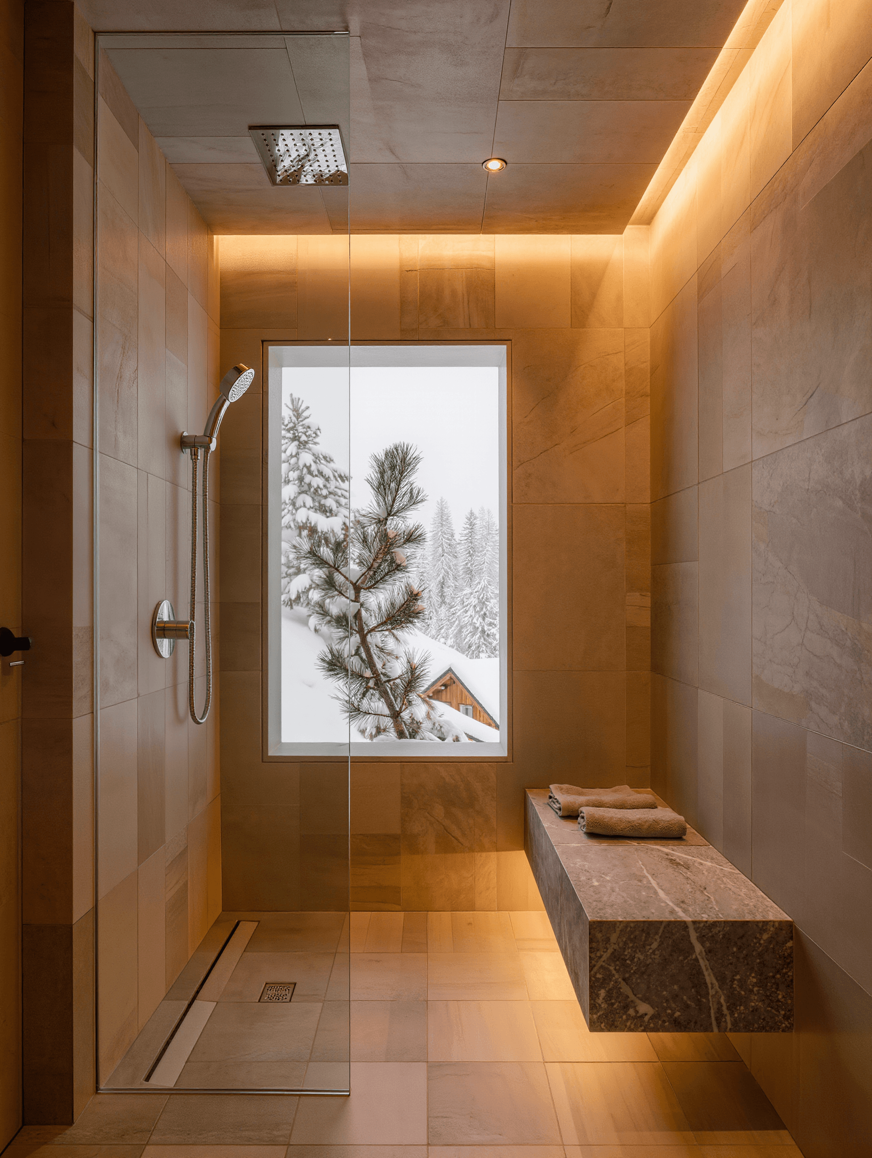Stone bench shower design concept with pine window view — Stone Works Remodeling, Michigan