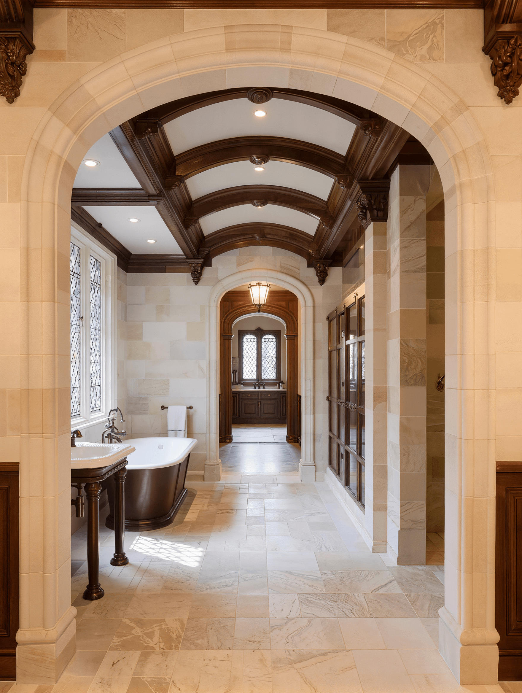 Tudor style limestone master bathroom design concept — Stone Works Remodeling, Bloomfield Hills MI