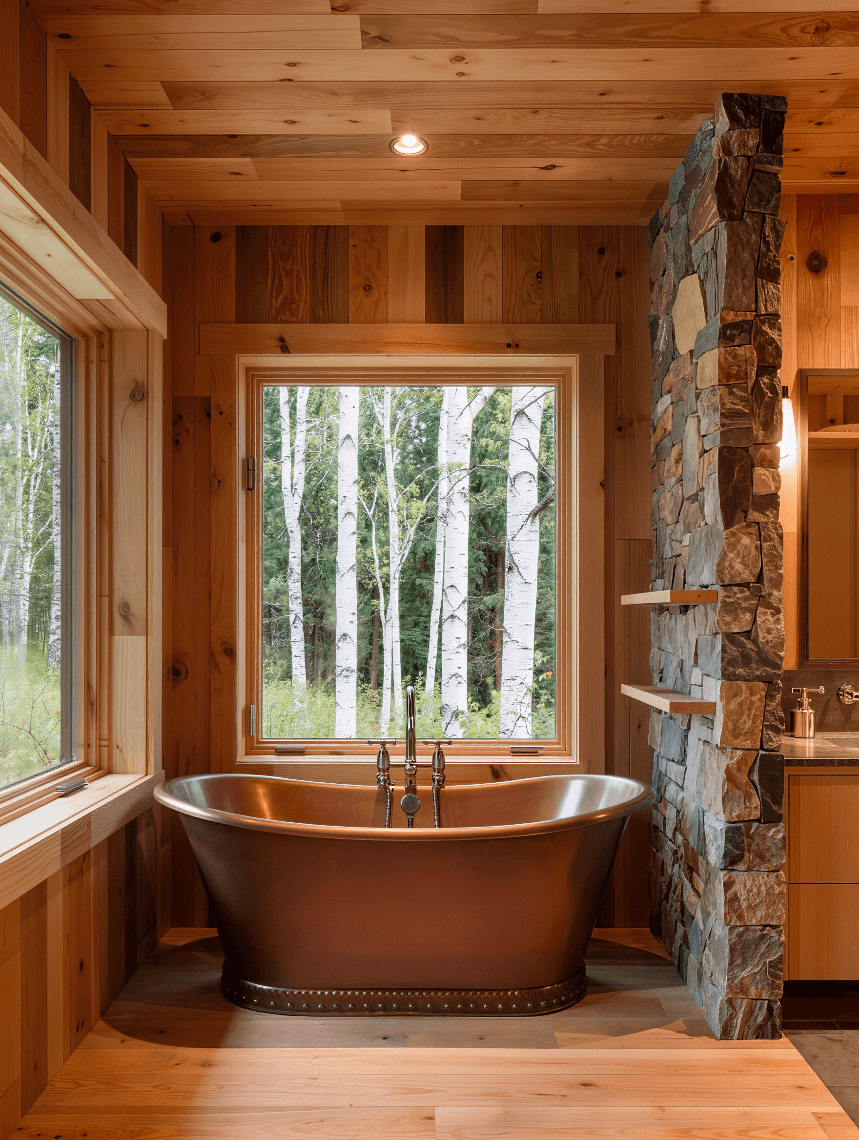 Up North cabin master bathroom design concept with copper tub — Stone Works Remodeling, Michigan
